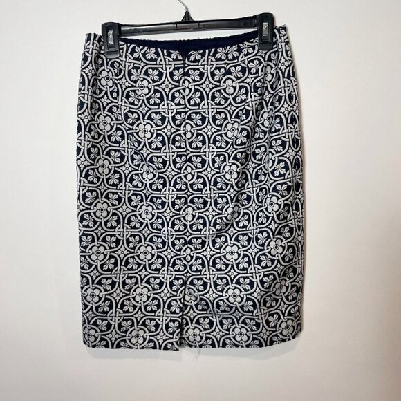 Talbots Straight Pencil Skirts Womens Navy White 2 Geometric Lined Zip Pleat NEW - Picture 4 of 9